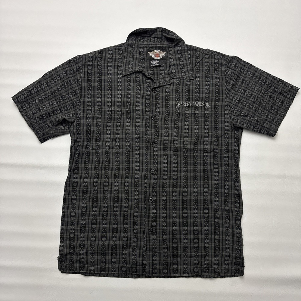 Vtg Harley-Davidson Sz Large Black All Over Logo Print Short Sleeve Button Up